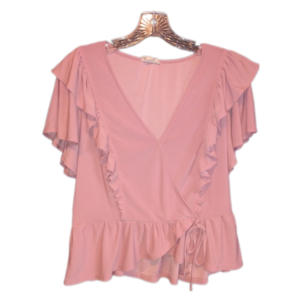🔴LAST CHANCE Meraki Dusty Pink Ruffle Trim Faux Wrap Coquette Top